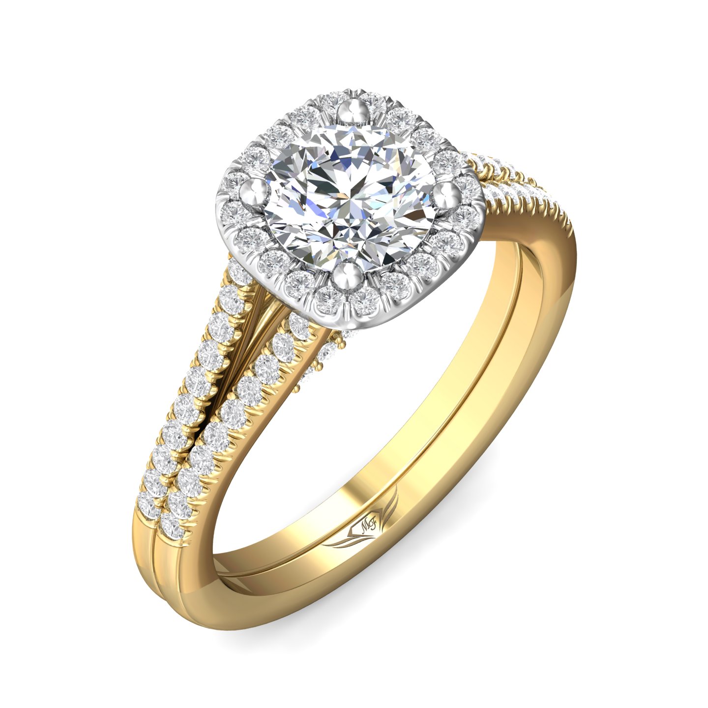 14K Yellow and White Gold Cushion Diamond Engagement Ring
