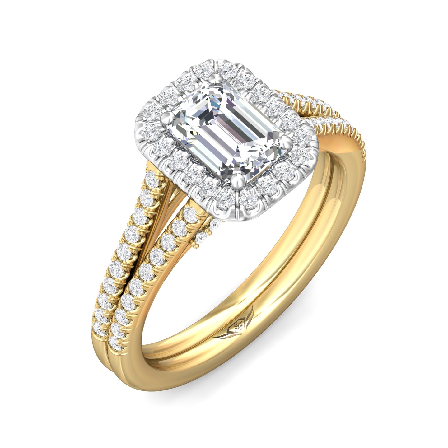 14K Yellow and White Gold Emerald Cut Diamond Engagement Ring