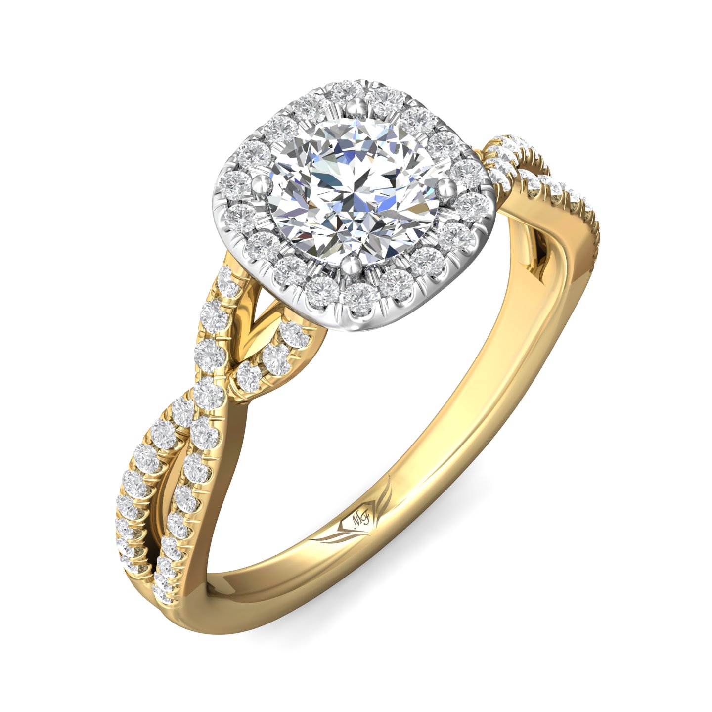 14K Yellow and White Gold Cushion Diamond Engagement Ring