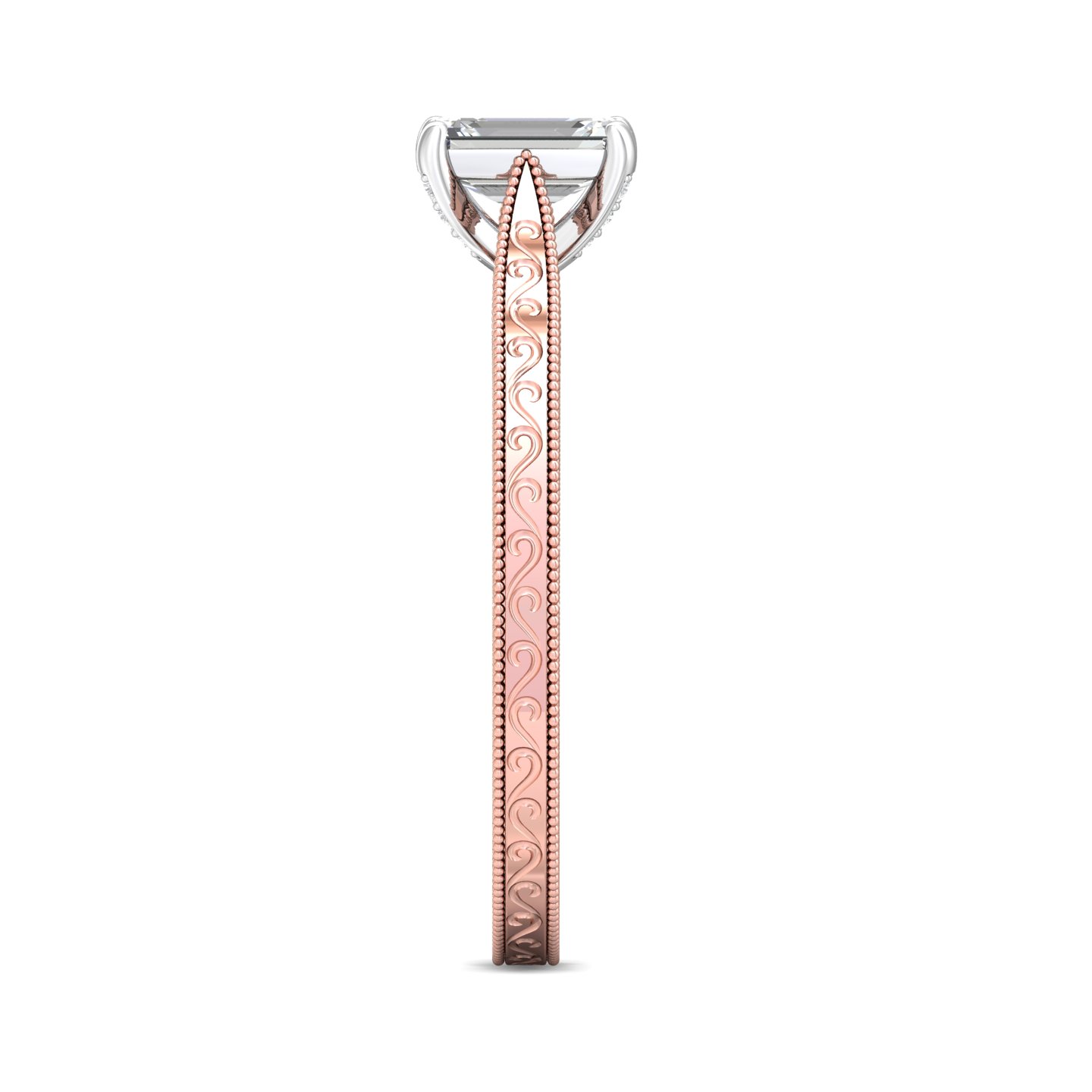14K Rose and White Gold Emerald Cut Diamond Engagement Ring