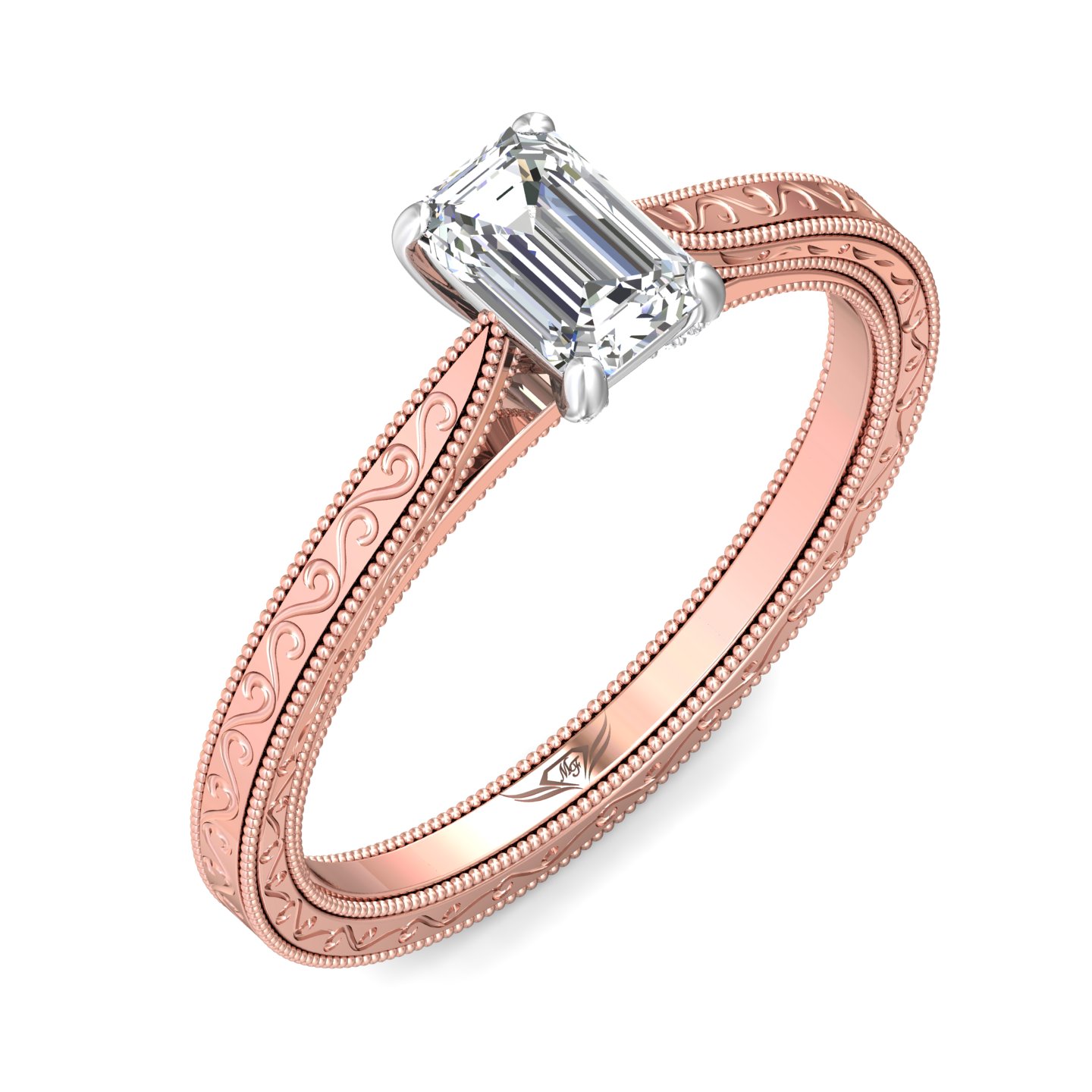 14K Rose and White Gold Emerald Cut Diamond Engagement Ring