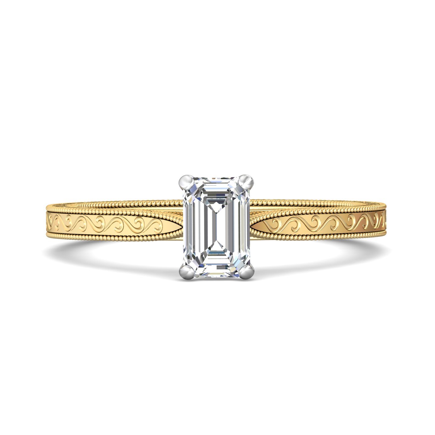14K Yellow and White Gold Emerald Cut Diamond Engagement Ring