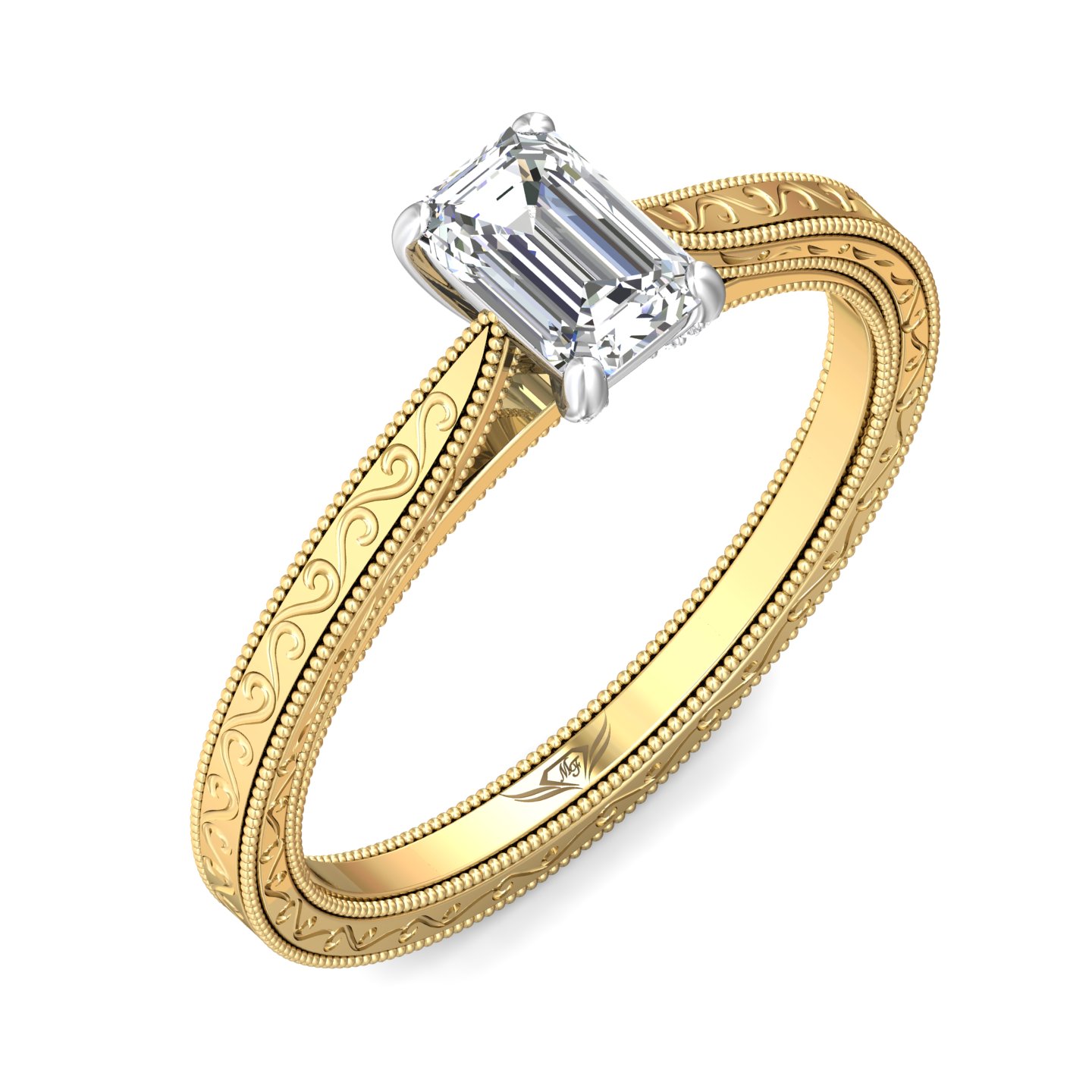 14K Yellow and White Gold Emerald Cut Diamond Engagement Ring