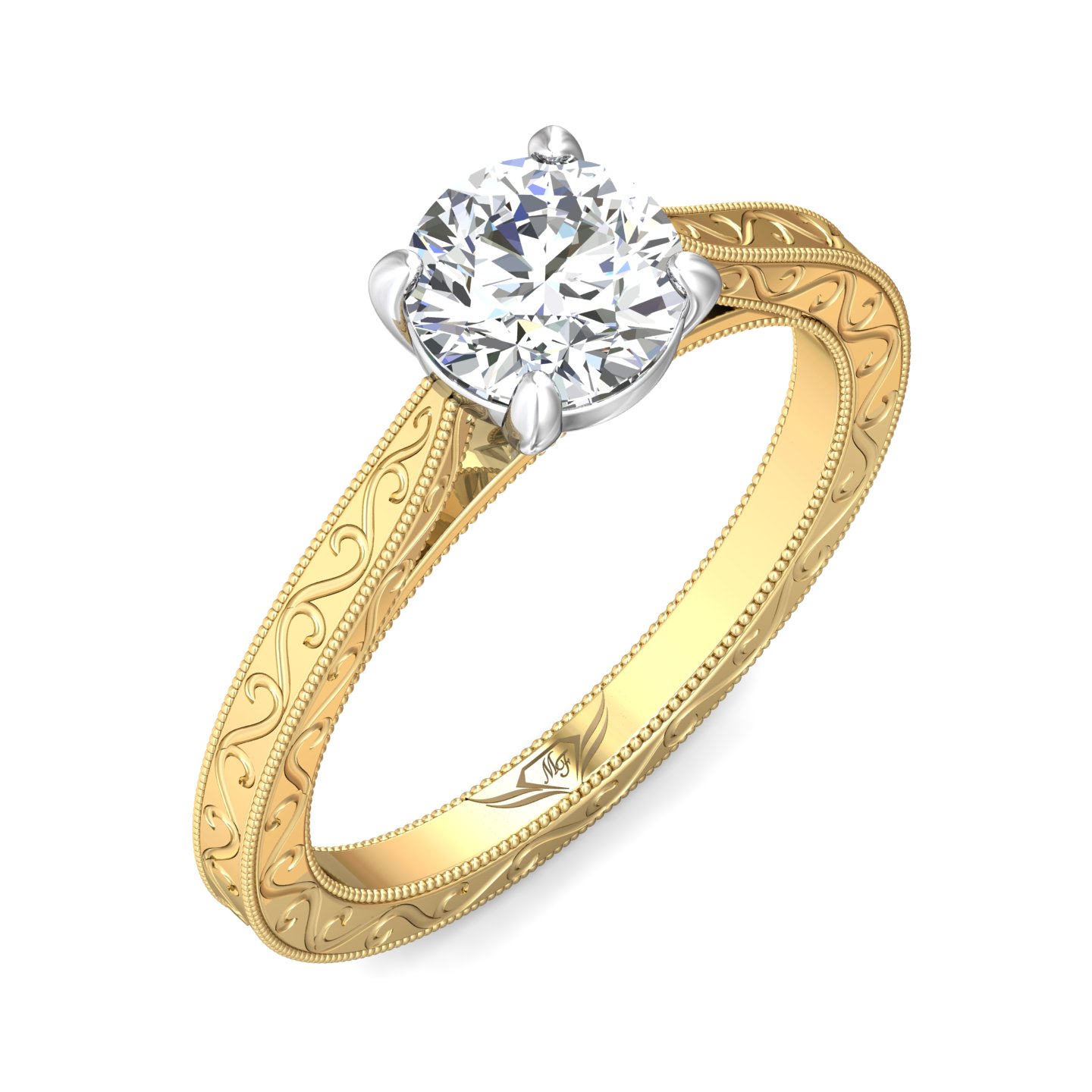 18K White and Yellow Gold Round Diamond Engagement Ring